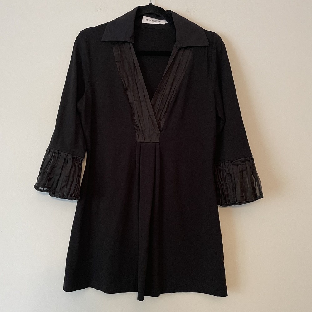 Anne Fontaine Palmier Pleated Tunic Blouse Black 42 US 10 Pima Cotton Minimalist